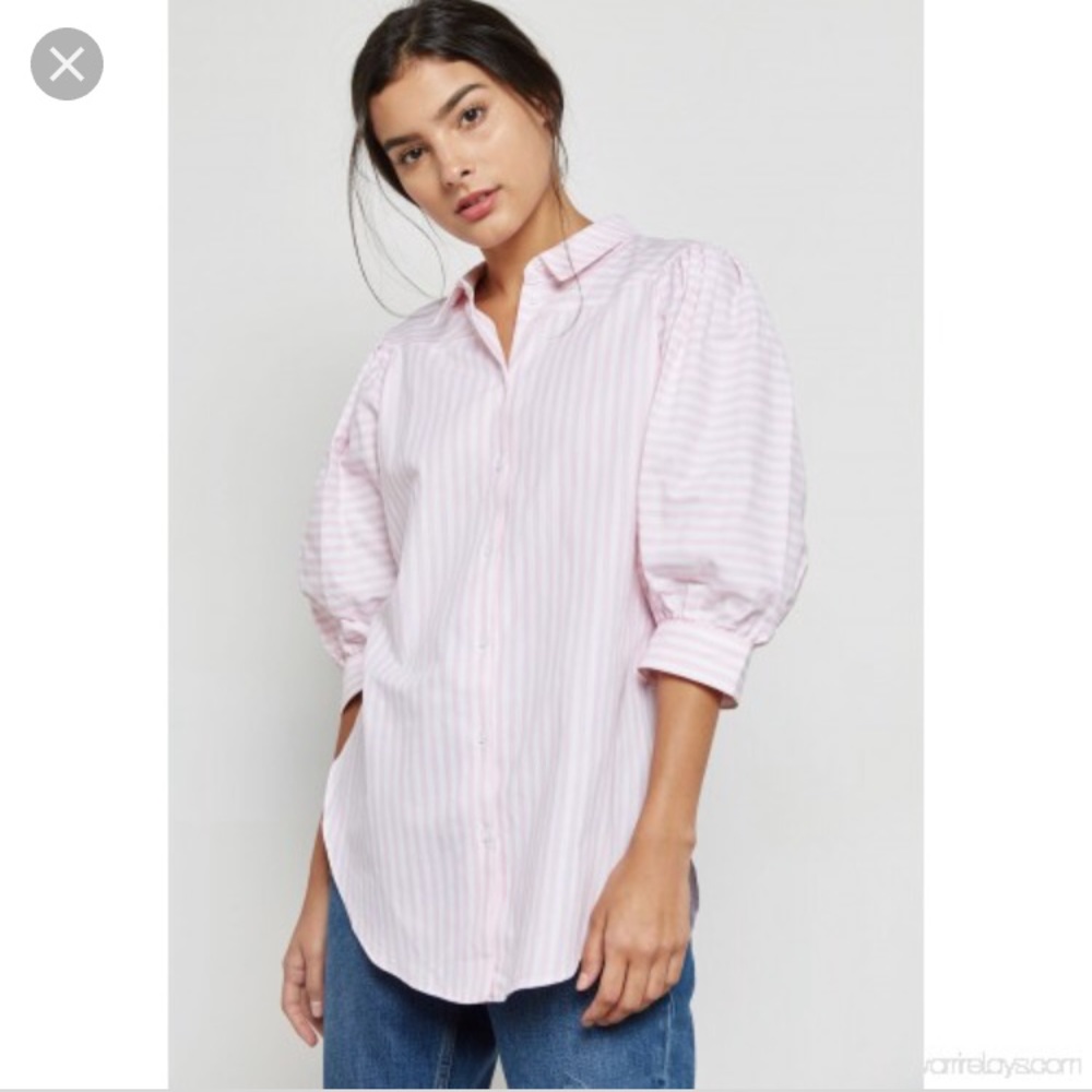 Topshop pink Striped Puff Sleeve Shirt